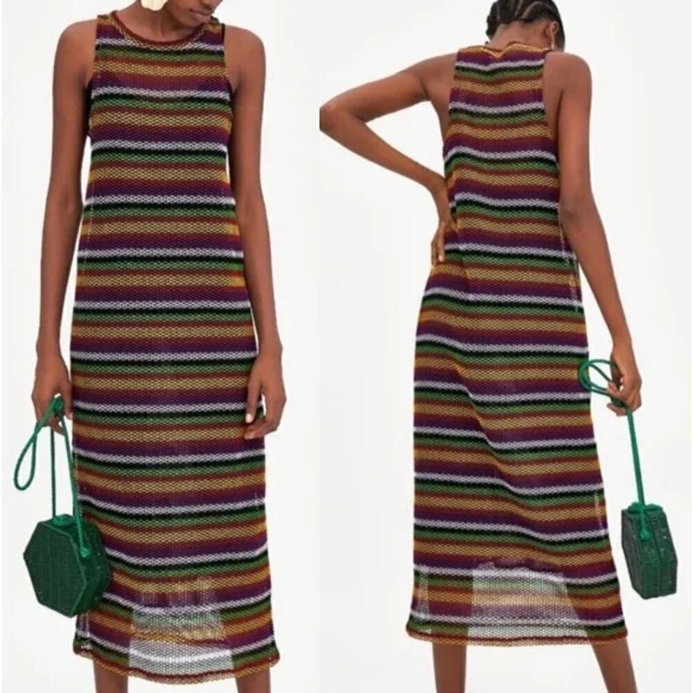 Zara Multicolor Striped Mesh Tank Dress Beachy Coverup Festival Summer Size S